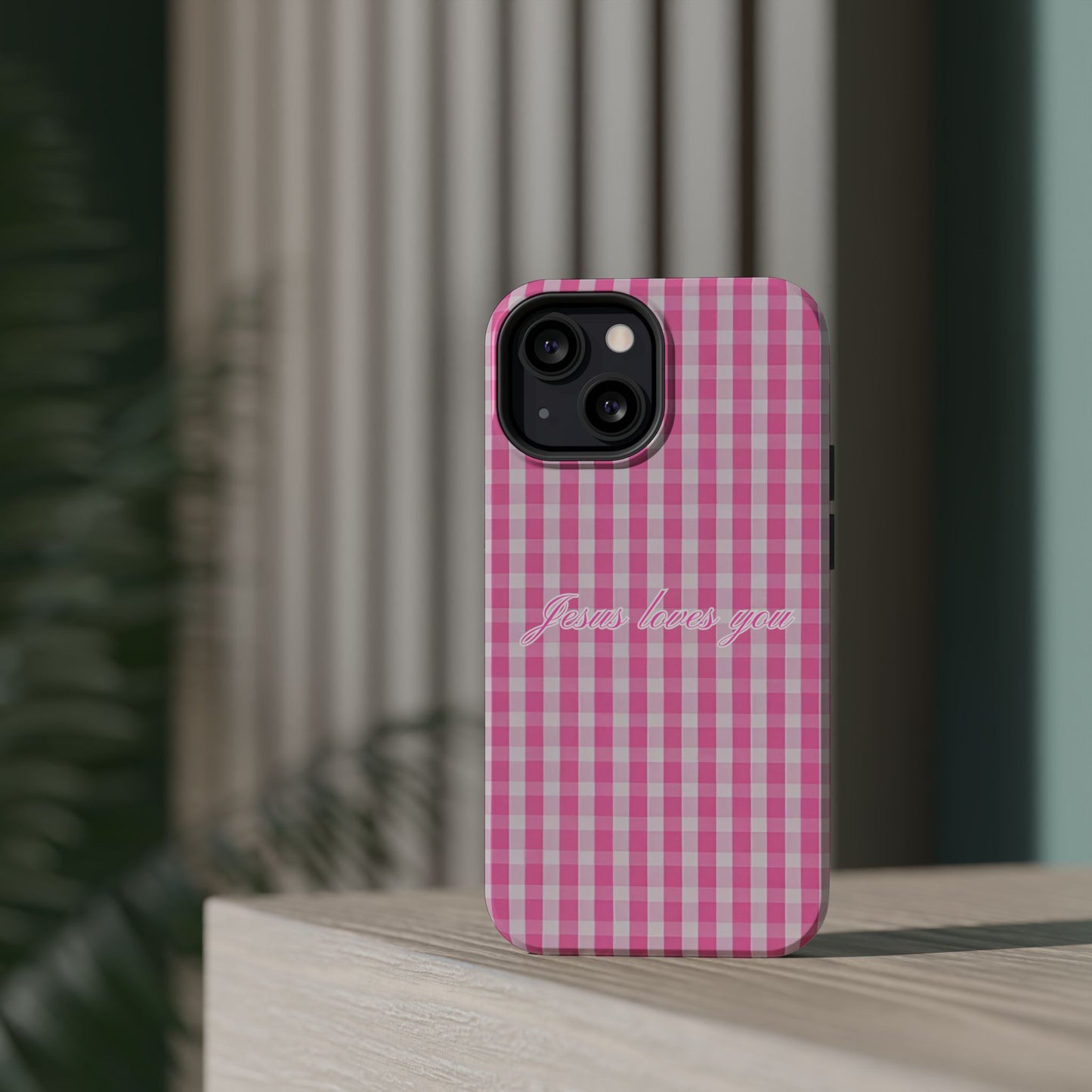Jesus loves you Pink Gingham Phone Case MagSafe