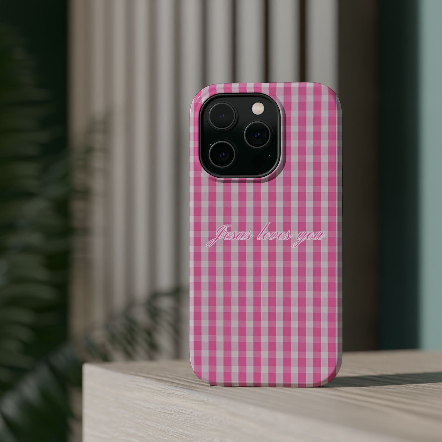 Jesus loves you Pink Gingham Phone Case MagSafe