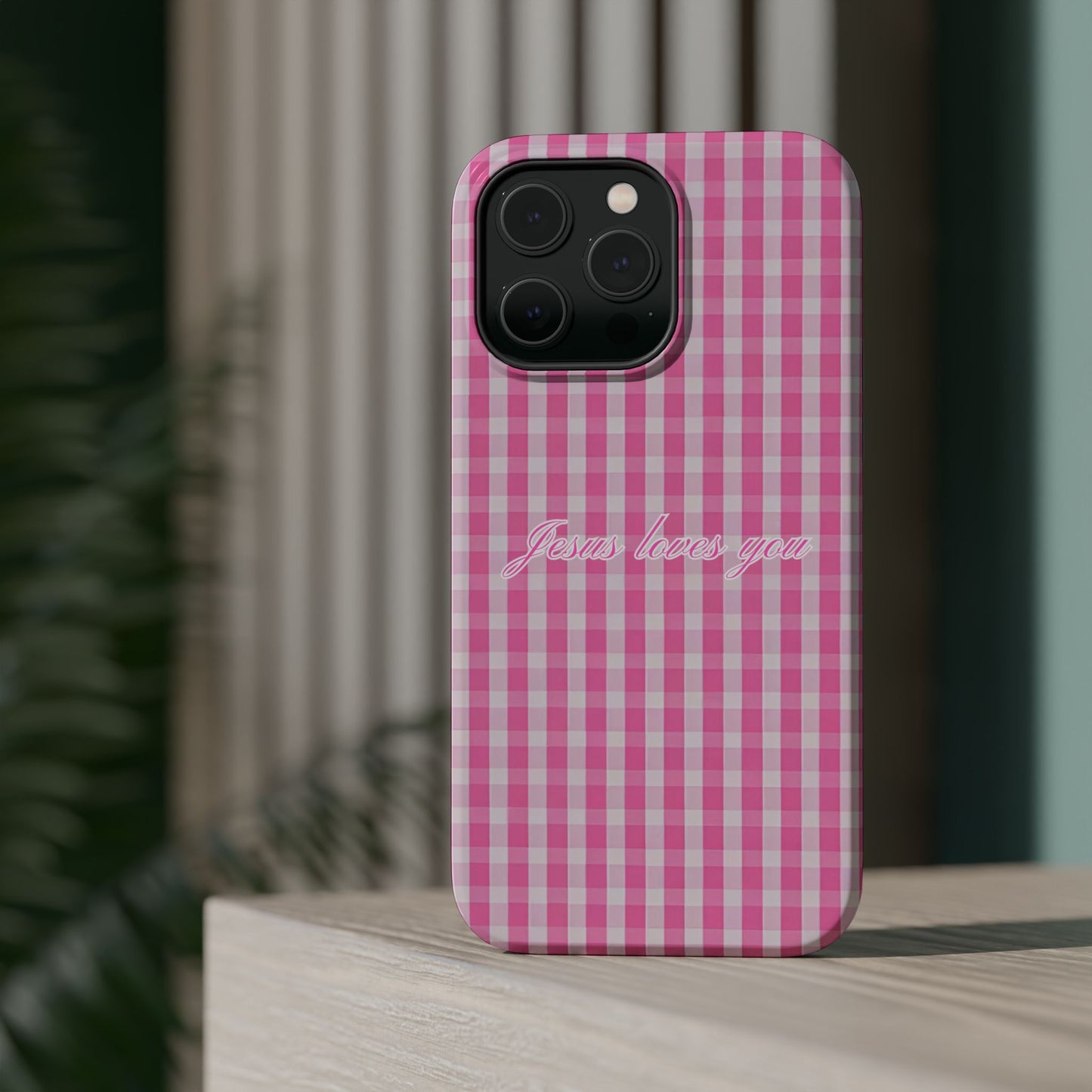 Jesus loves you Pink Gingham Phone Case MagSafe