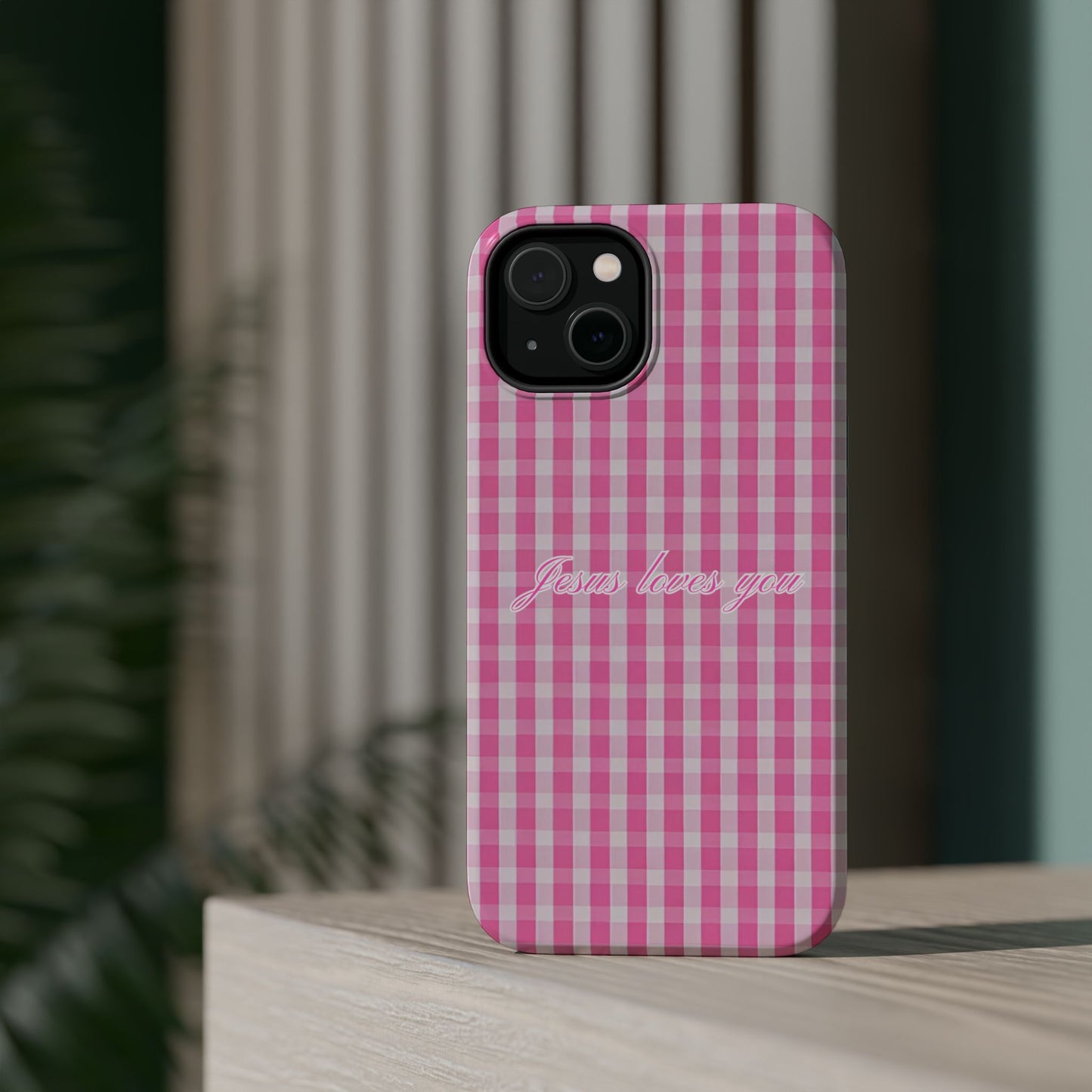 Jesus loves you Pink Gingham Phone Case MagSafe