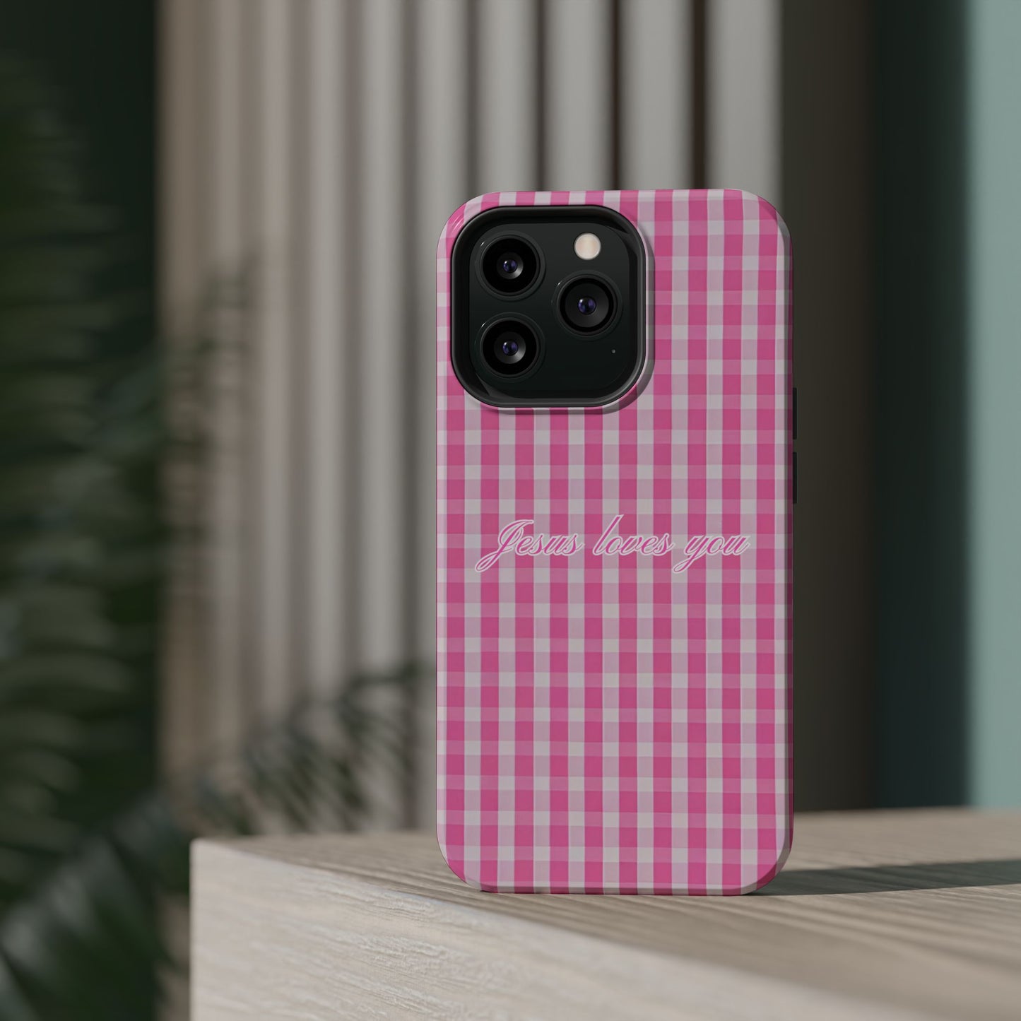 Jesus loves you Pink Gingham Phone Case MagSafe