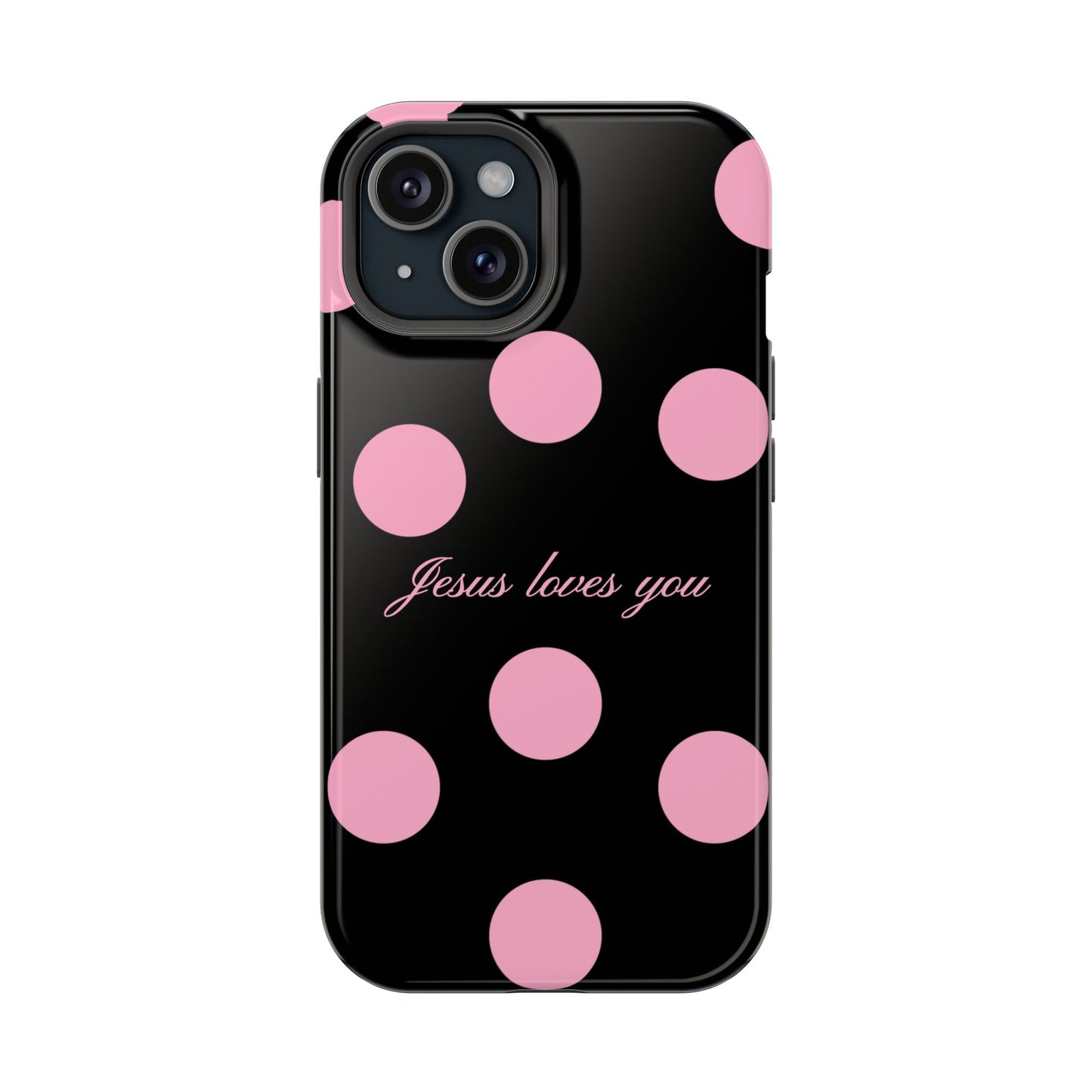 Jesus loves you Pink and Black Polka Dot MagSafe Phone Case