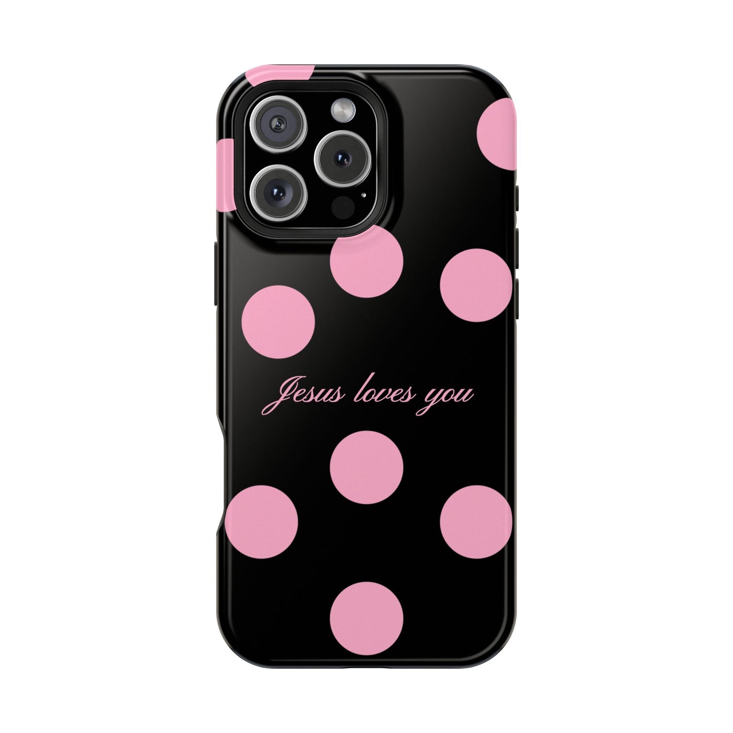 Jesus loves you Pink and Black Polka Dot MagSafe Phone Case