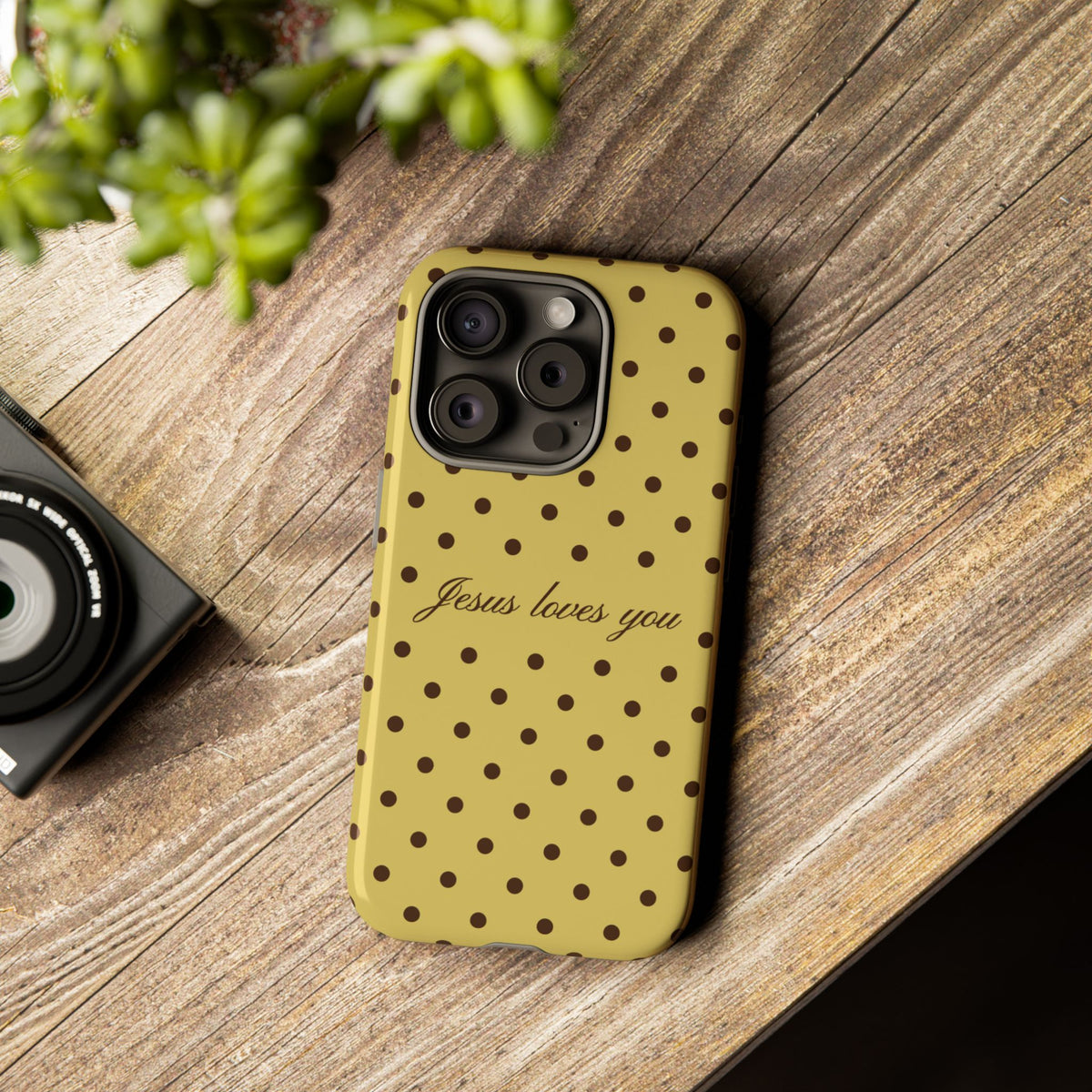 Jesus Loves You Brown & Yellow Polka Dot Phone Case
