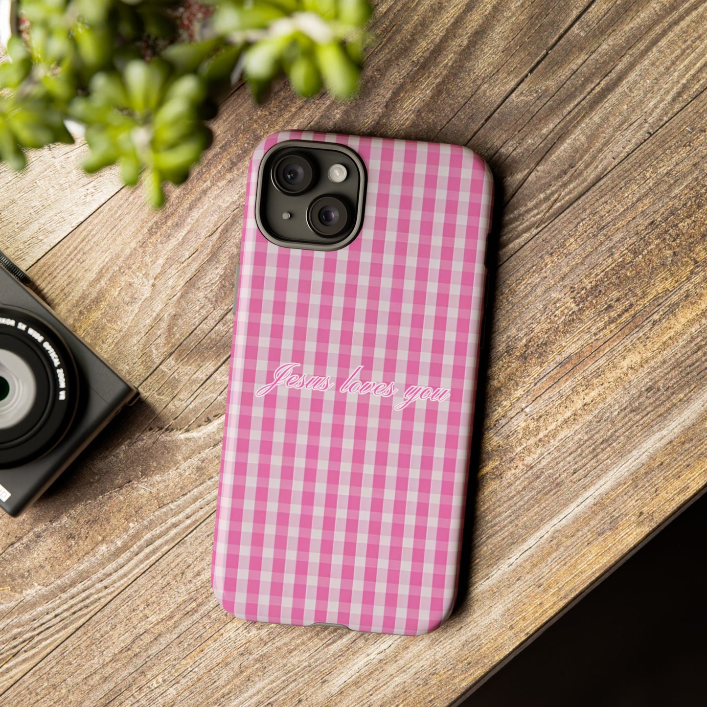 Jesus loves you Pink Gingham Phone Case