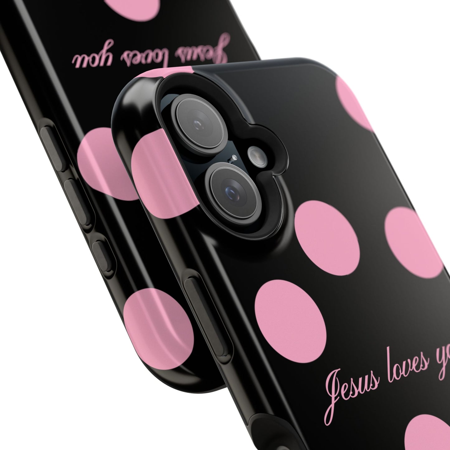 Jesus loves you Pink and Black Polka Dot MagSafe Phone Case