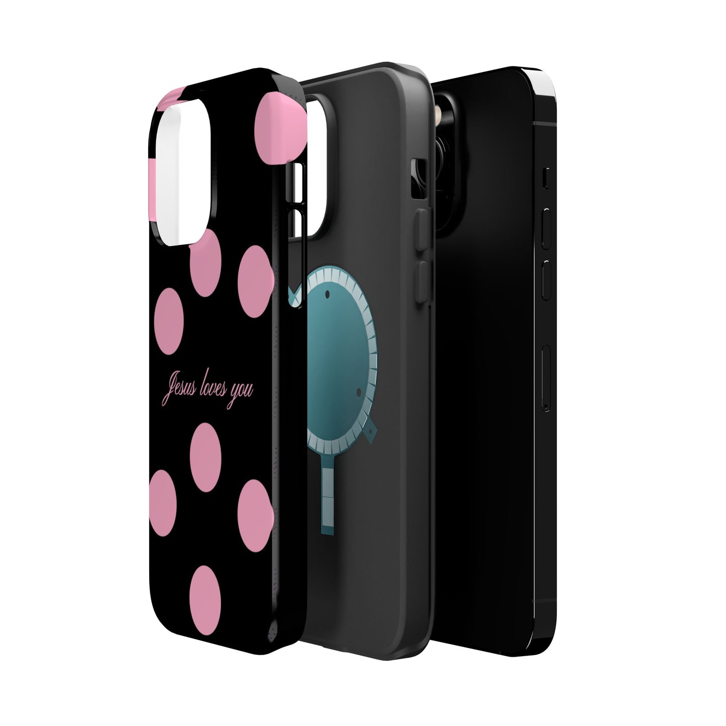 Jesus loves you Pink and Black Polka Dot MagSafe Phone Case