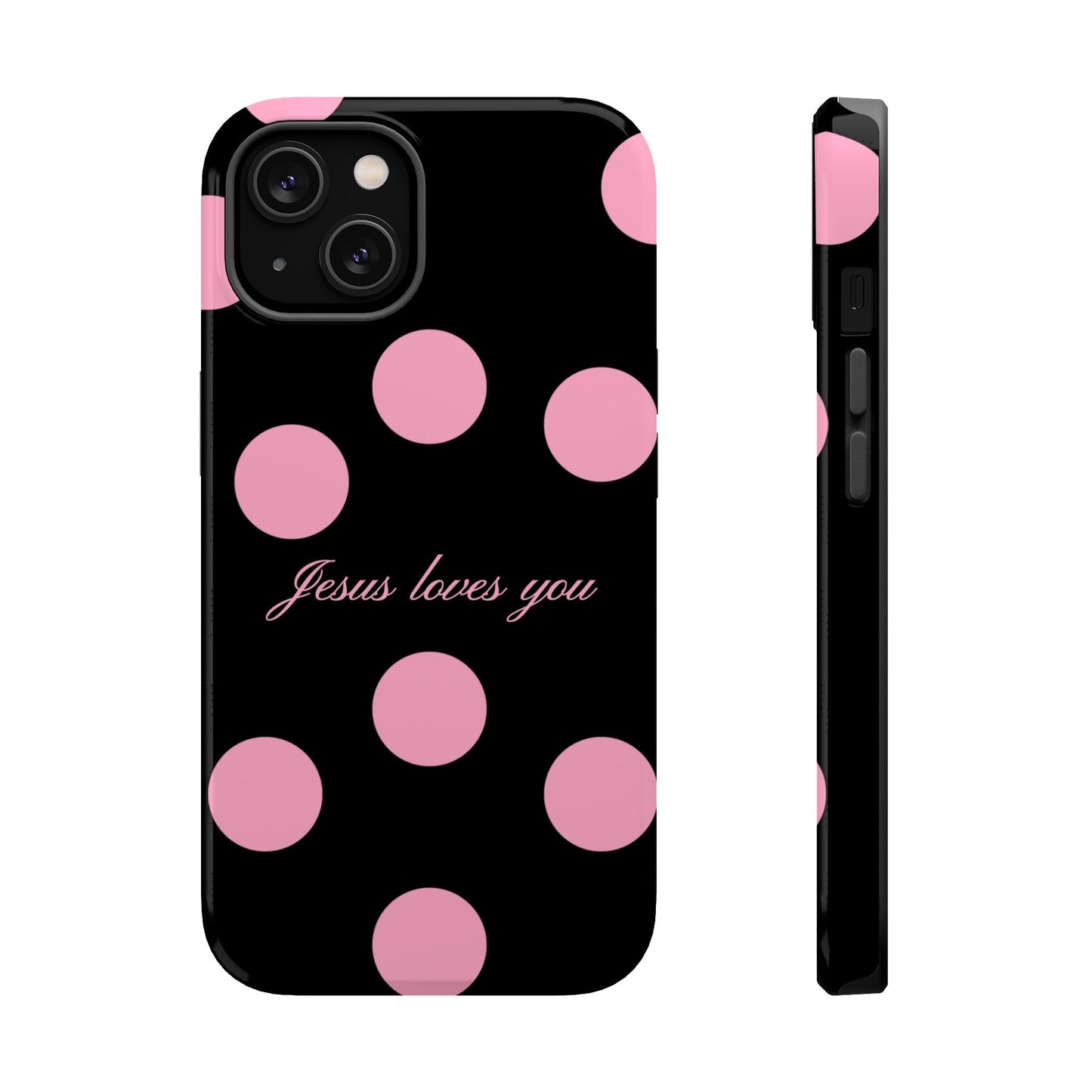 Jesus loves you Pink and Black Polka Dot MagSafe Phone Case