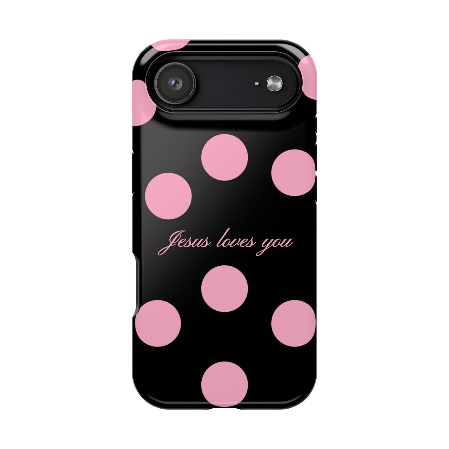Jesus loves you Pink and Black Polka Dot MagSafe Phone Case
