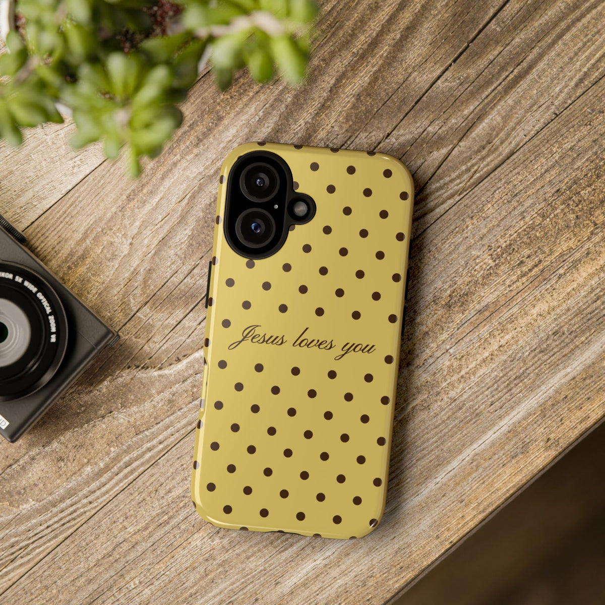 Jesus Loves You Brown & Yellow Polka Dot Phone Case