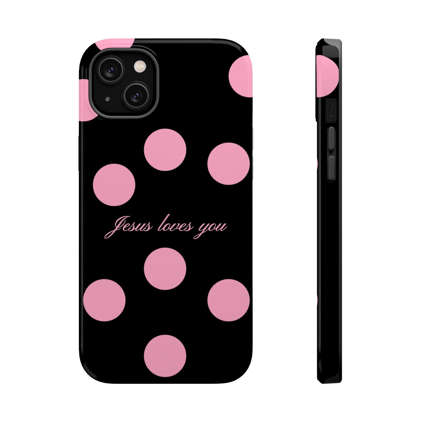 Jesus loves you Pink and Black Polka Dot MagSafe Phone Case