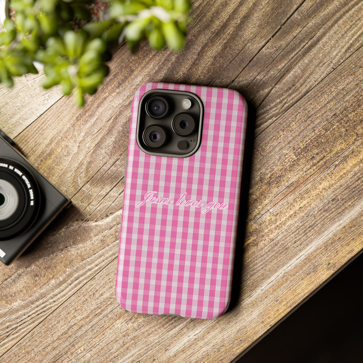 Jesus loves you Pink Gingham Phone Case