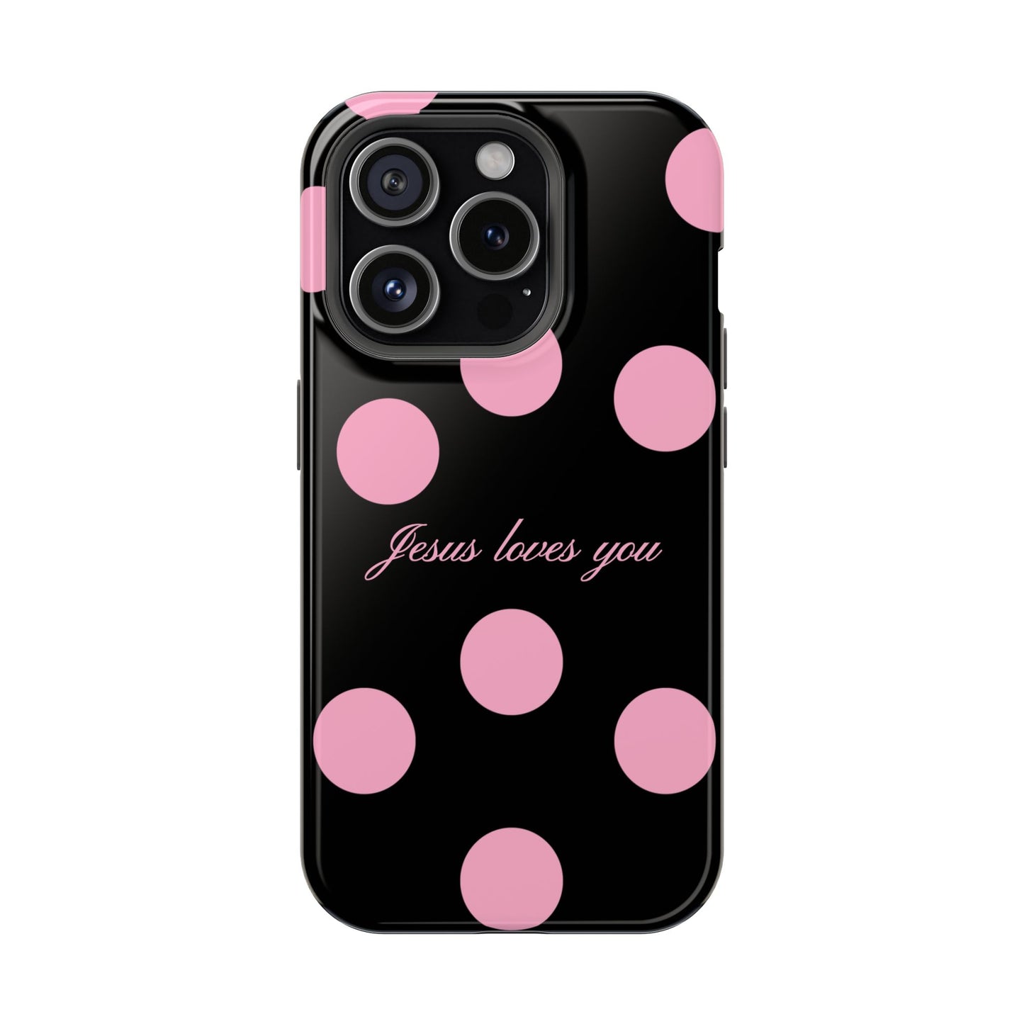 Jesus loves you Pink and Black Polka Dot MagSafe Phone Case