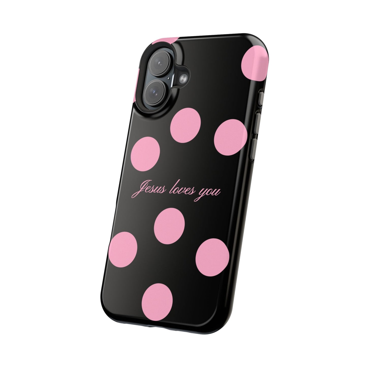 Jesus loves you Pink and Black Polka Dot MagSafe Phone Case