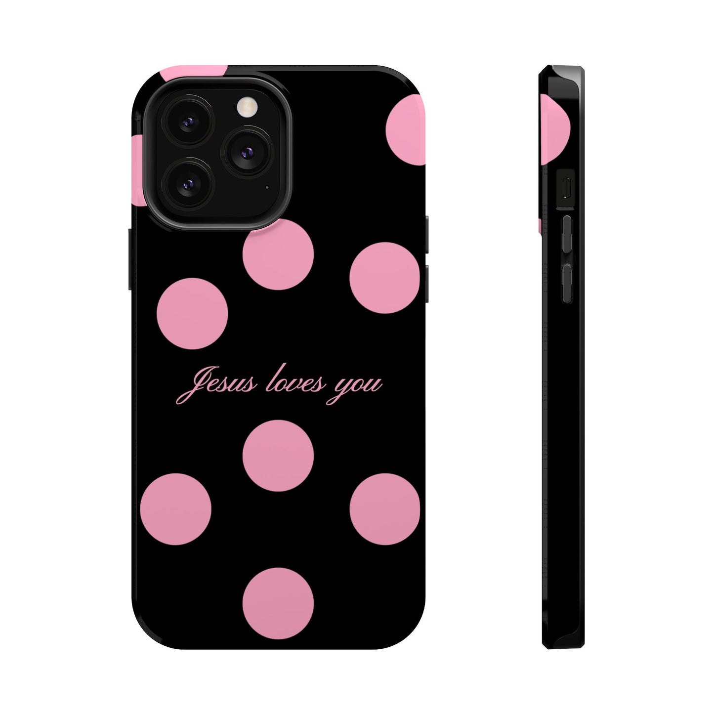 Jesus loves you Pink and Black Polka Dot MagSafe Phone Case