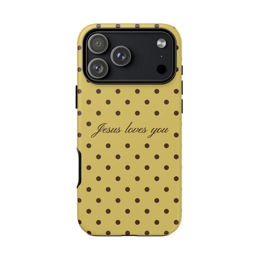 Jesus Loves You Brown & Yellow Polka Dot Phone Case