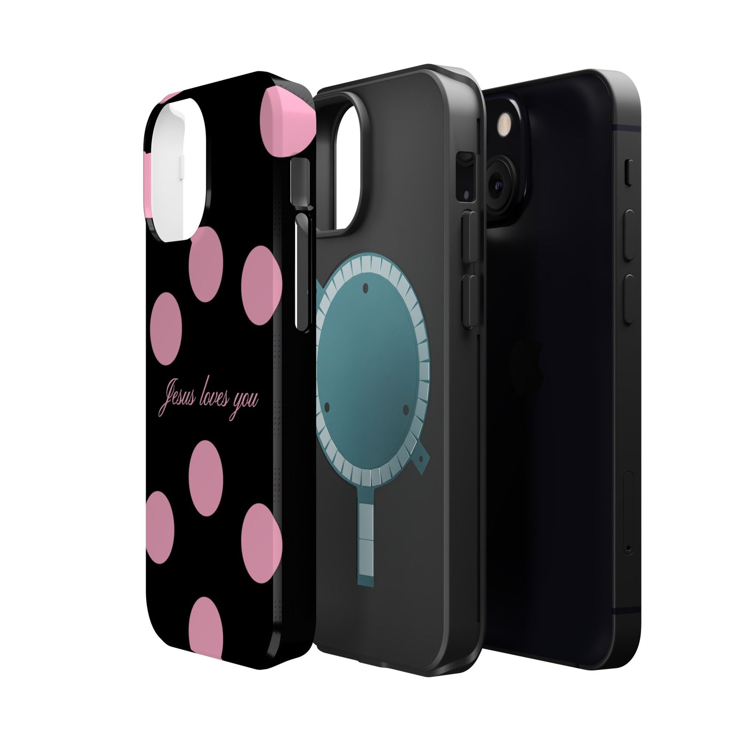 Jesus loves you Pink and Black Polka Dot MagSafe Phone Case