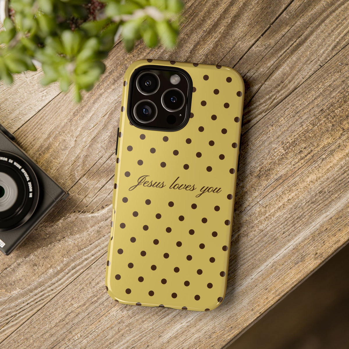 Jesus Loves You Brown & Yellow Polka Dot Phone Case