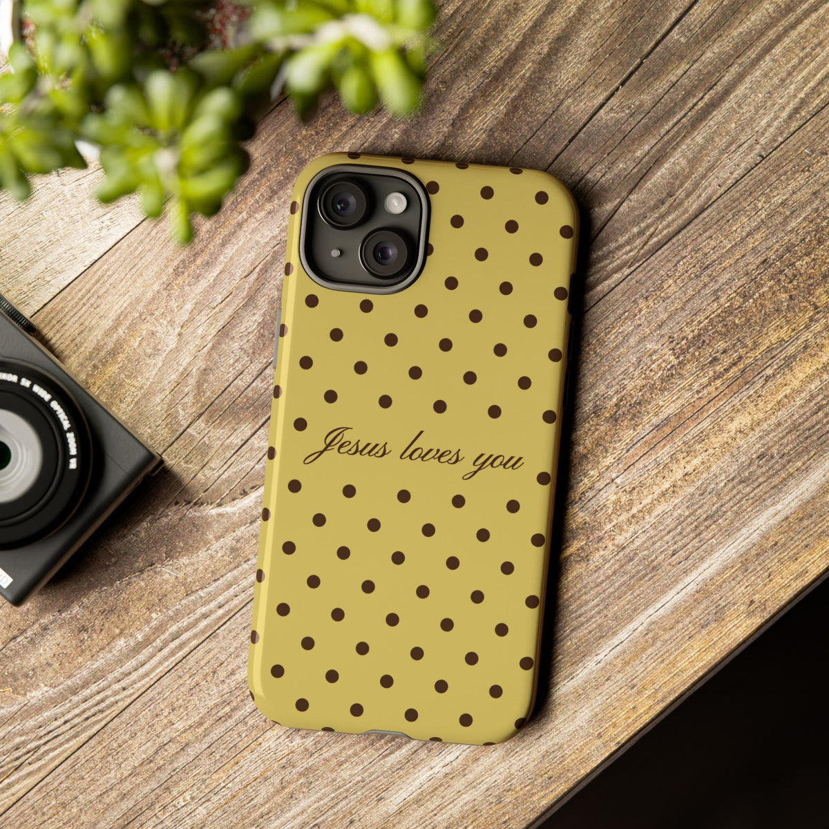 Jesus Loves You Brown & Yellow Polka Dot Phone Case