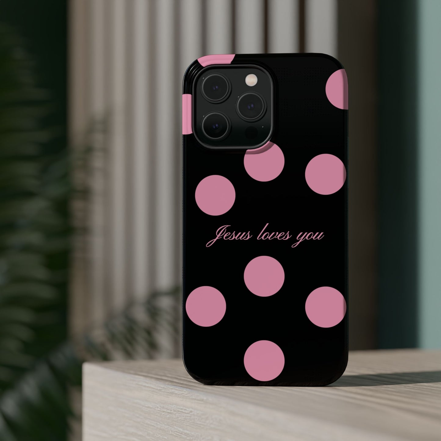 Jesus loves you Pink and Black Polka Dot MagSafe Phone Case