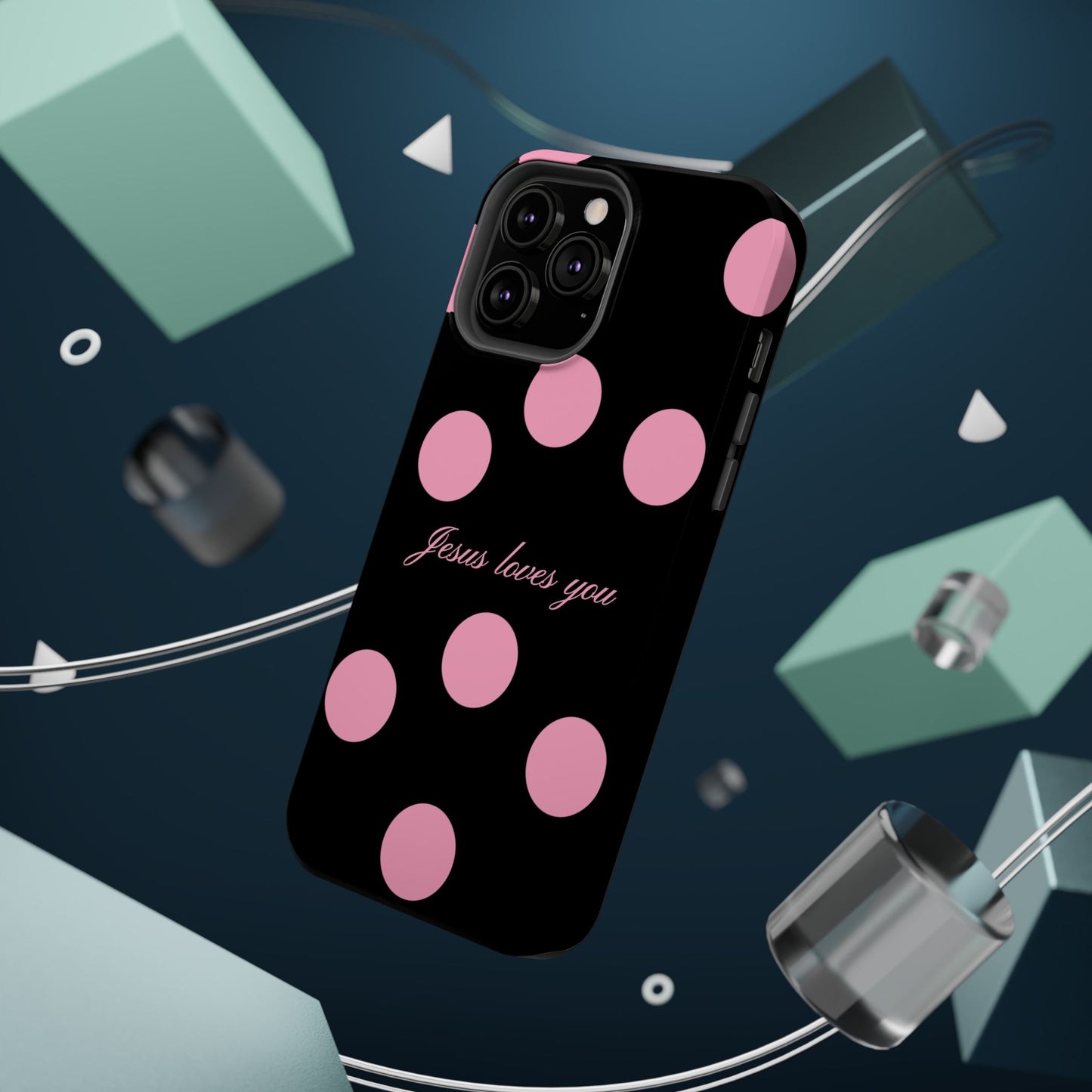 Jesus loves you Pink and Black Polka Dot MagSafe Phone Case