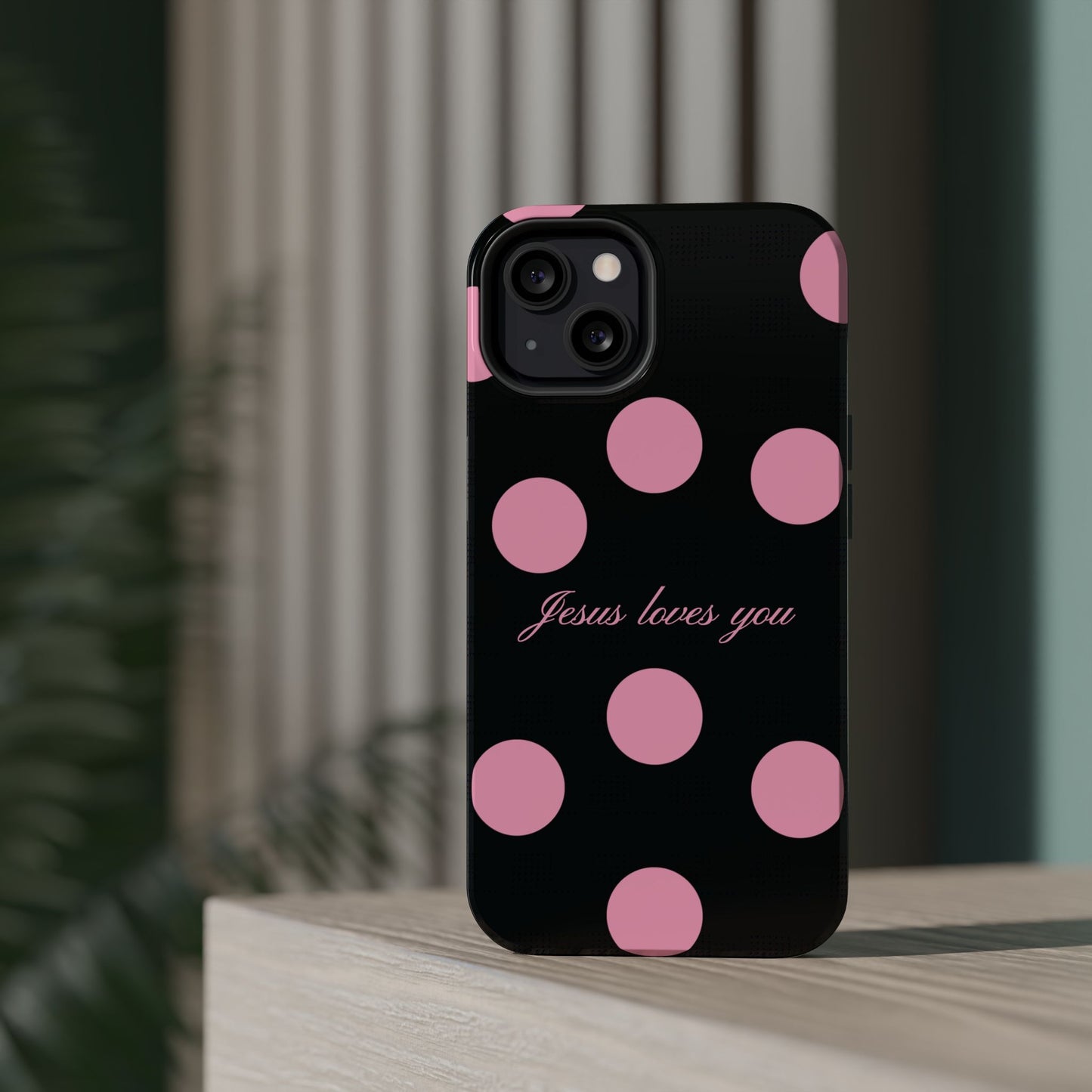 Jesus loves you Pink and Black Polka Dot MagSafe Phone Case