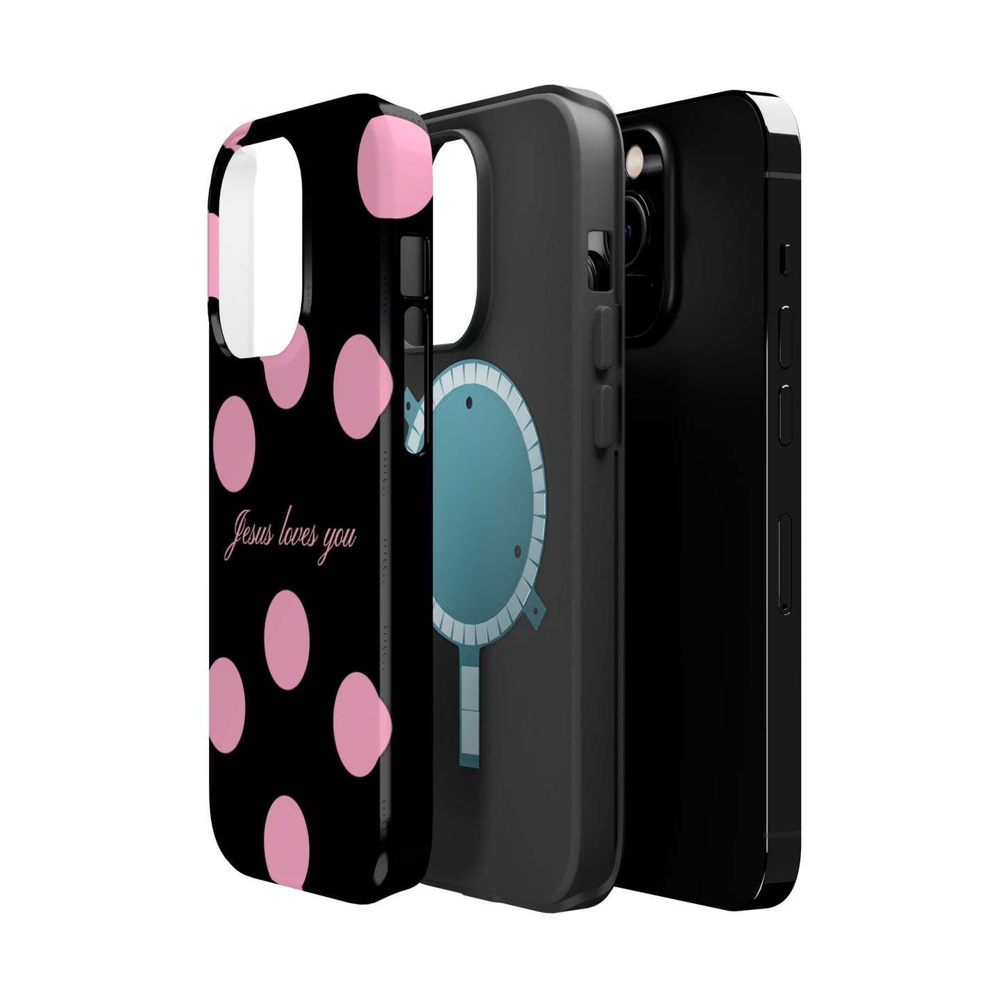 Jesus loves you Pink and Black Polka Dot MagSafe Phone Case