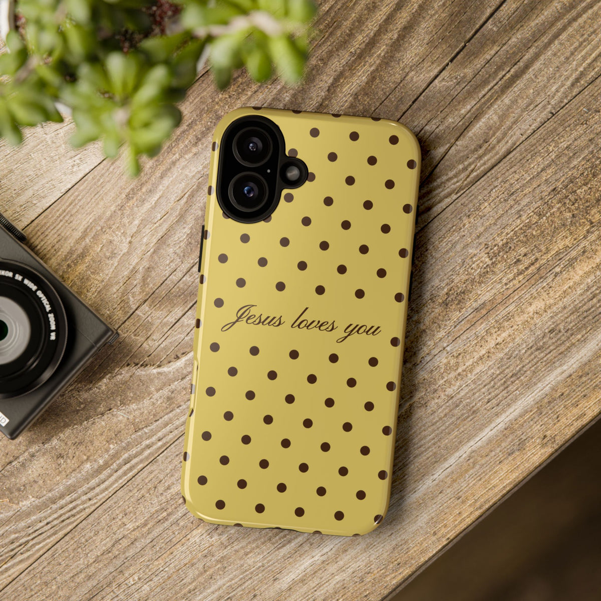 Jesus Loves You Brown & Yellow Polka Dot Phone Case