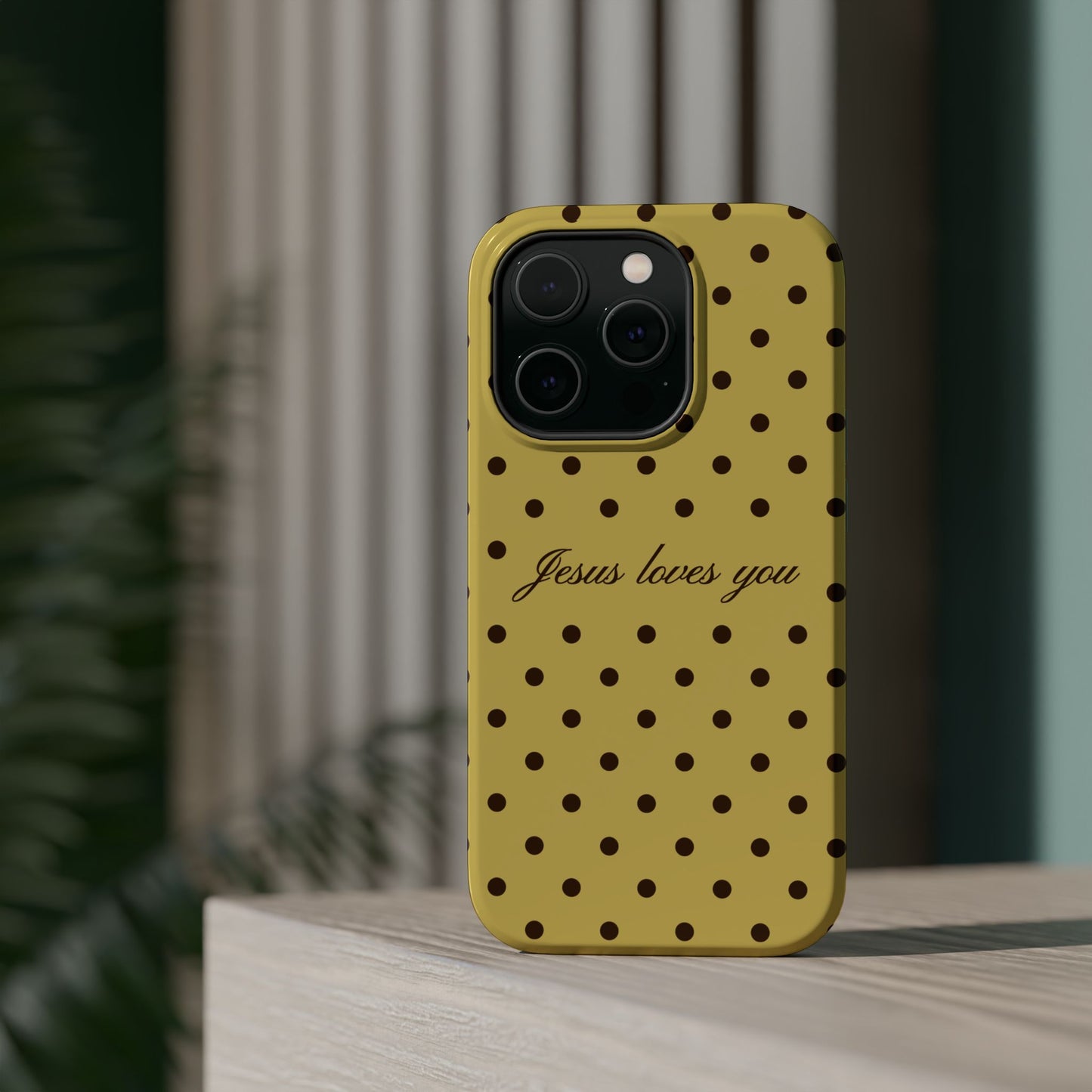 Jesus loves you Yellow and Brown Polka Dot MagSafe Phone Case