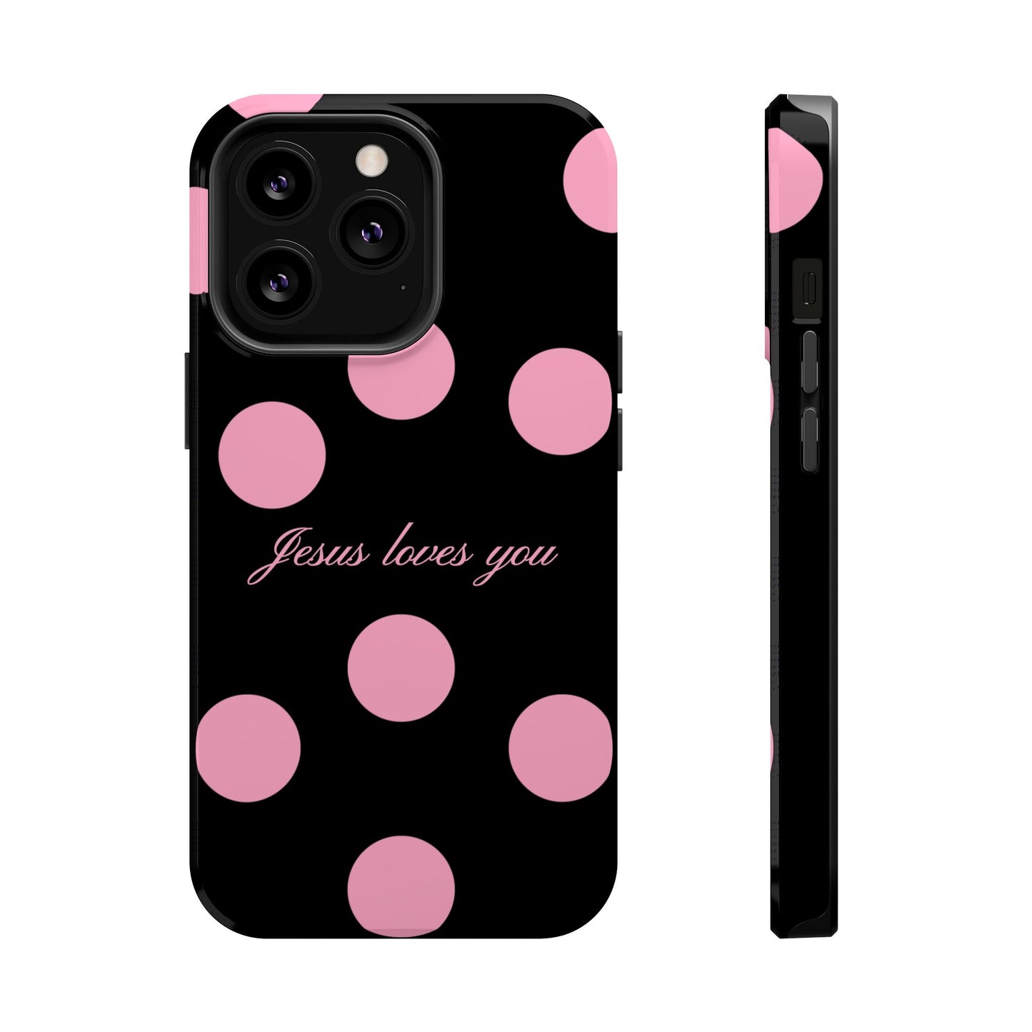 Jesus loves you Pink and Black Polka Dot MagSafe Phone Case