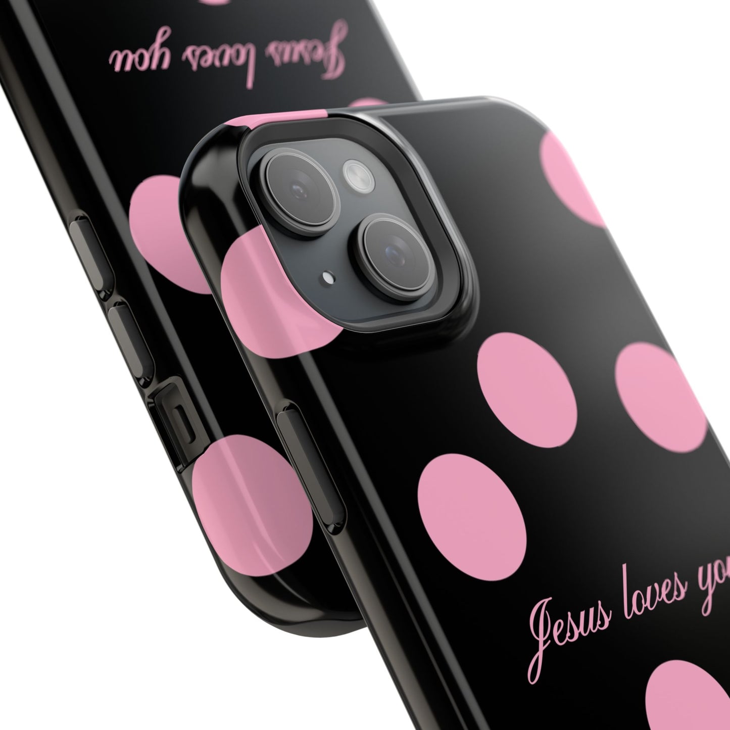 Jesus loves you Pink and Black Polka Dot MagSafe Phone Case