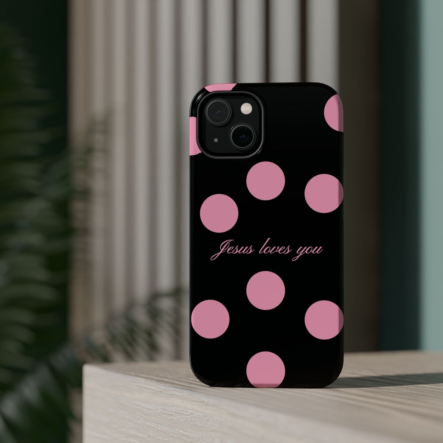 Jesus loves you Pink and Black Polka Dot MagSafe Phone Case