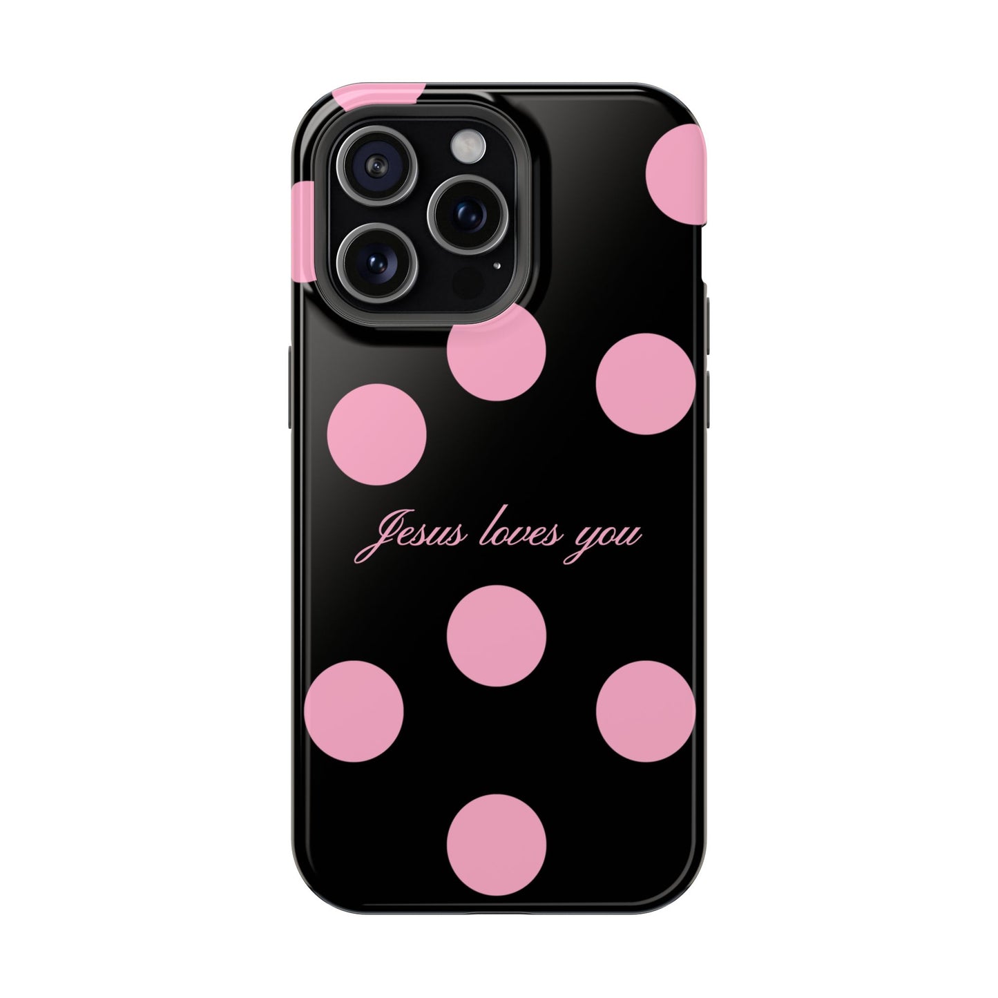Jesus loves you Pink and Black Polka Dot MagSafe Phone Case