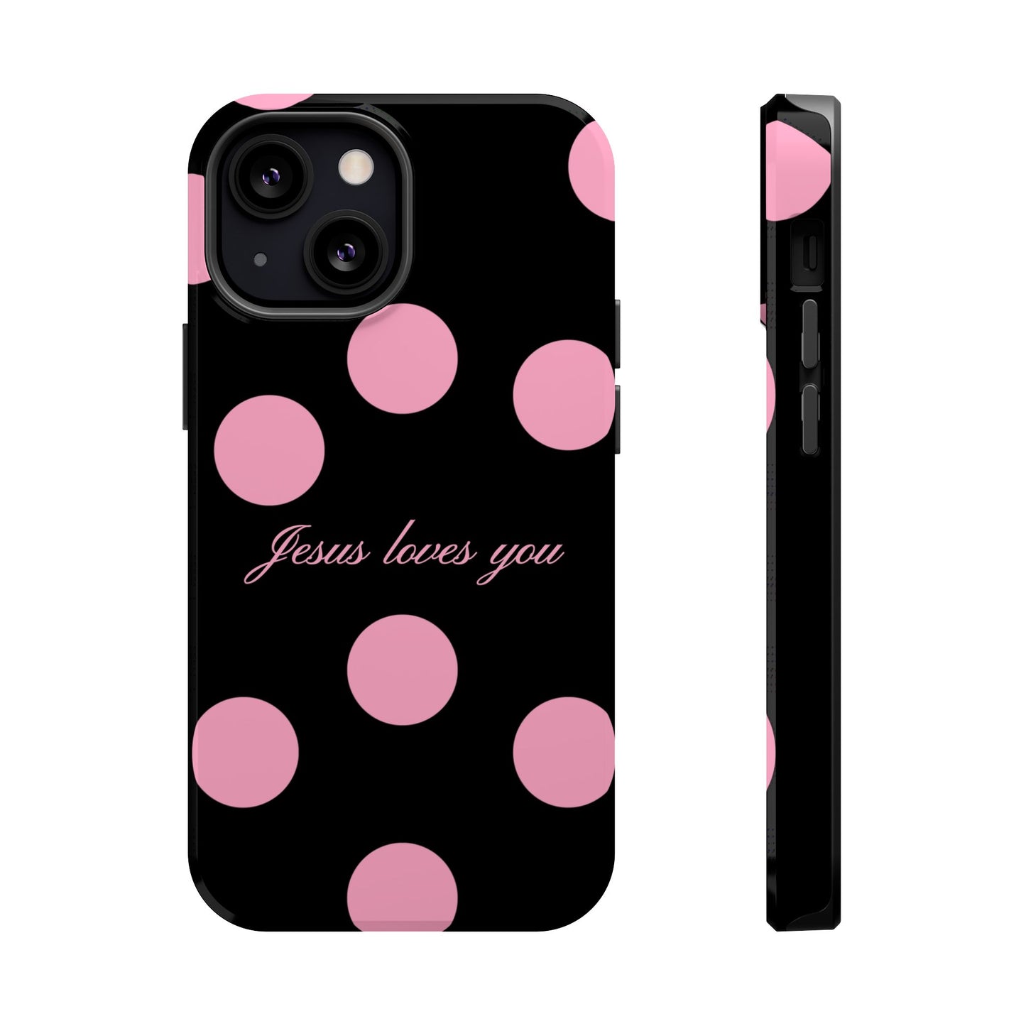Jesus loves you Pink and Black Polka Dot MagSafe Phone Case