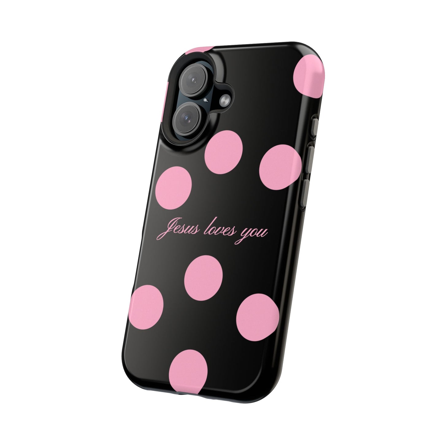 Jesus loves you Pink and Black Polka Dot MagSafe Phone Case