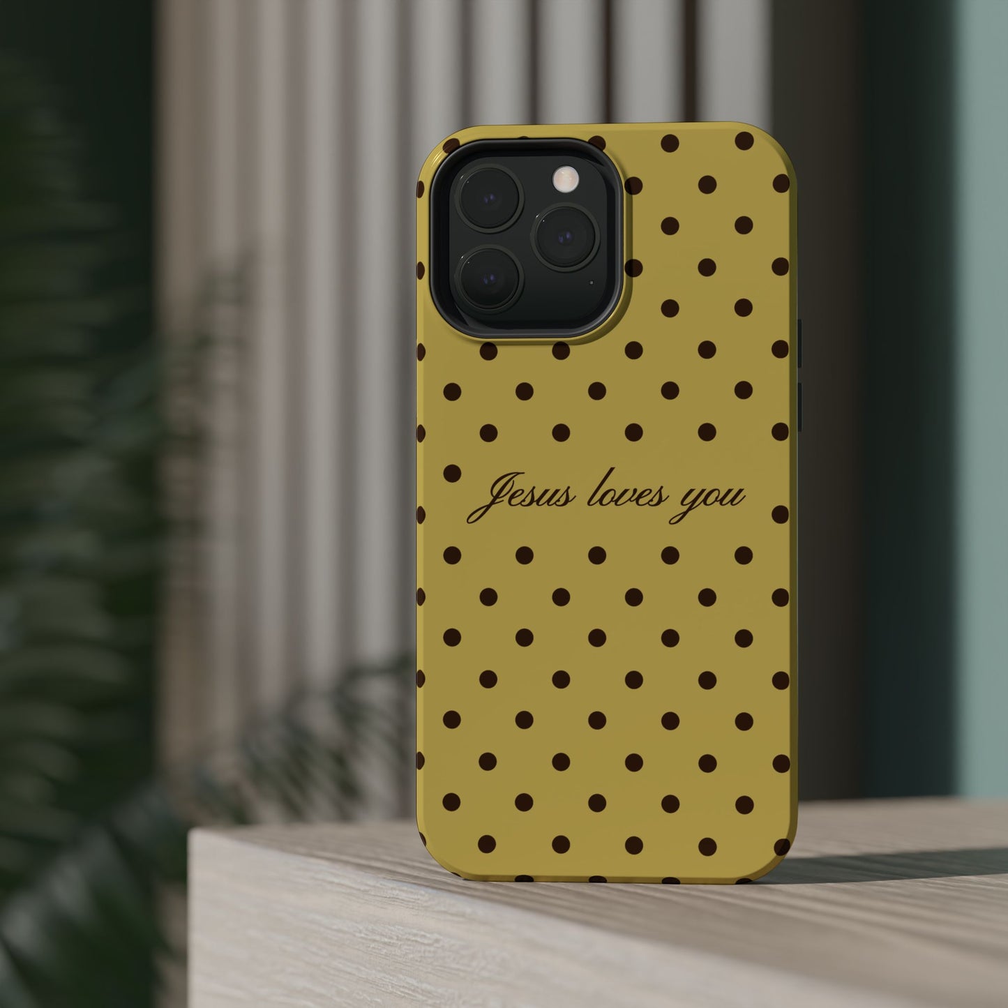 Jesus loves you Yellow and Brown Polka Dot MagSafe Phone Case