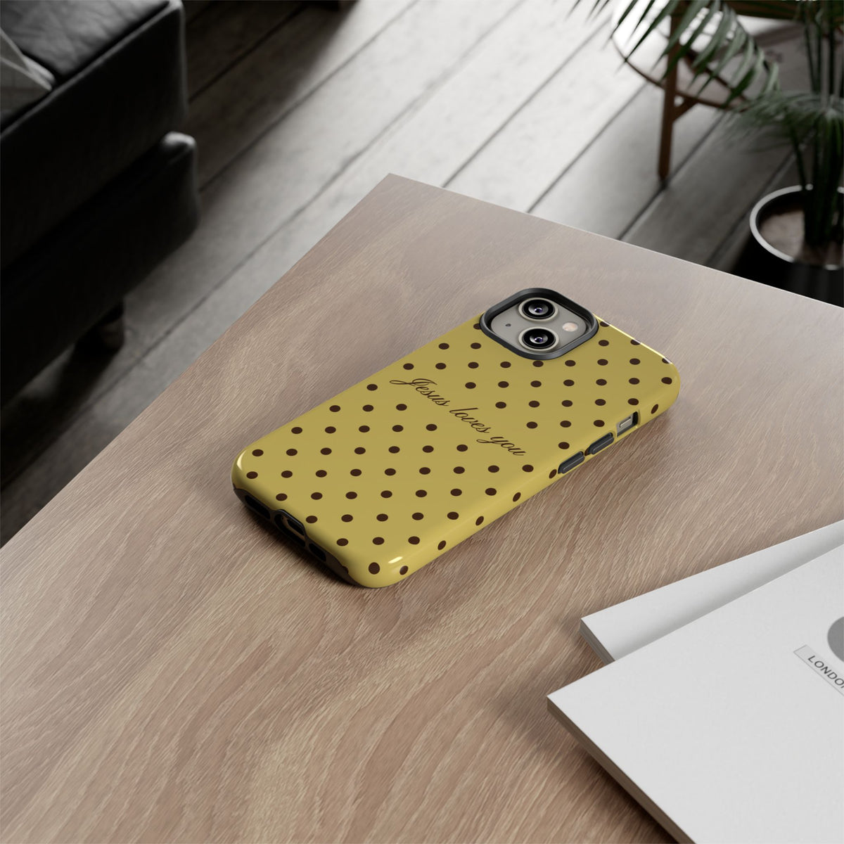 Jesus Loves You Brown & Yellow Polka Dot Phone Case