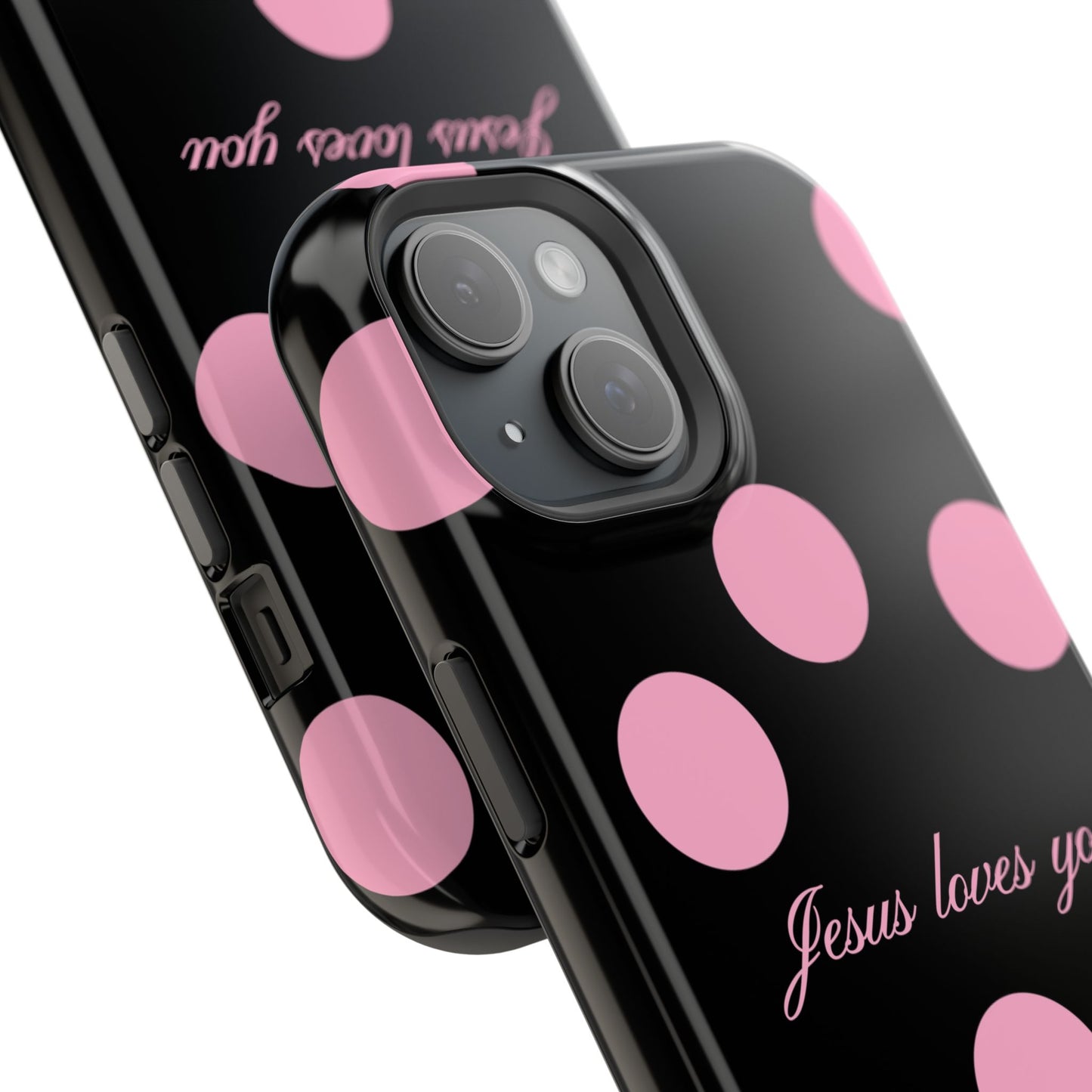 Jesus loves you Pink and Black Polka Dot MagSafe Phone Case