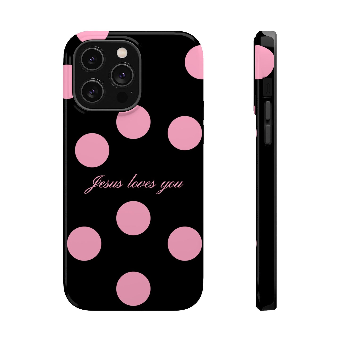 Jesus loves you Pink and Black Polka Dot MagSafe Phone Case