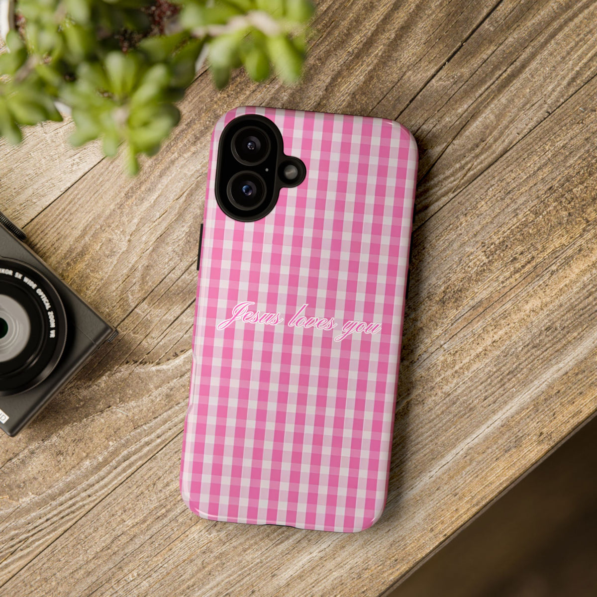 Jesus loves you Pink Gingham Phone Case
