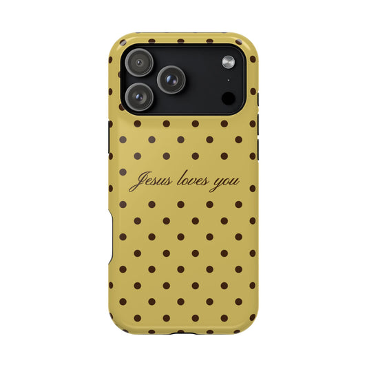 Jesus loves you Yellow and Brown Polka Dot MagSafe Phone Case