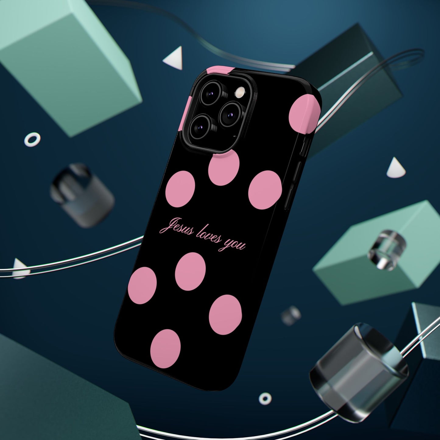 Jesus loves you Pink and Black Polka Dot MagSafe Phone Case