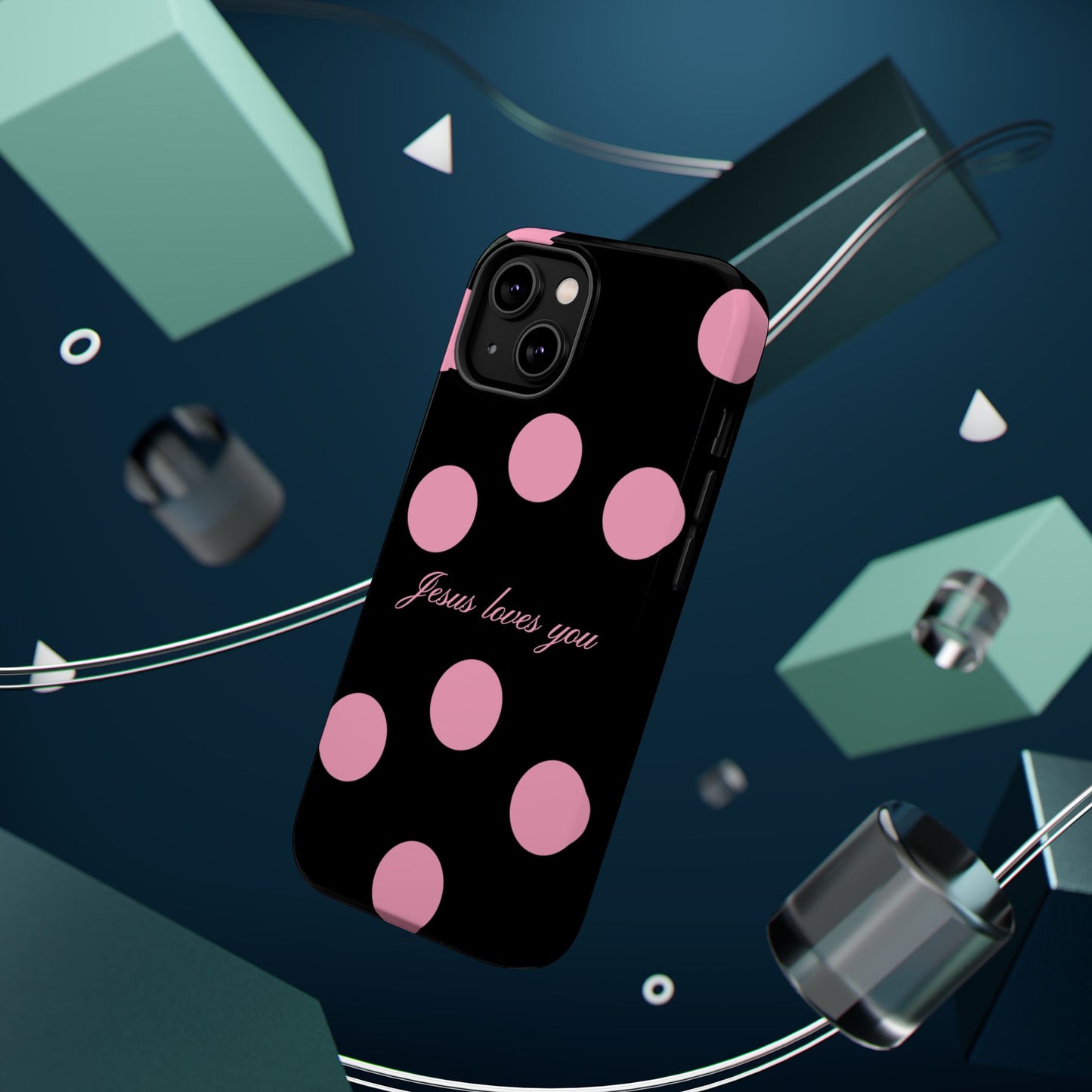 Jesus loves you Pink and Black Polka Dot MagSafe Phone Case