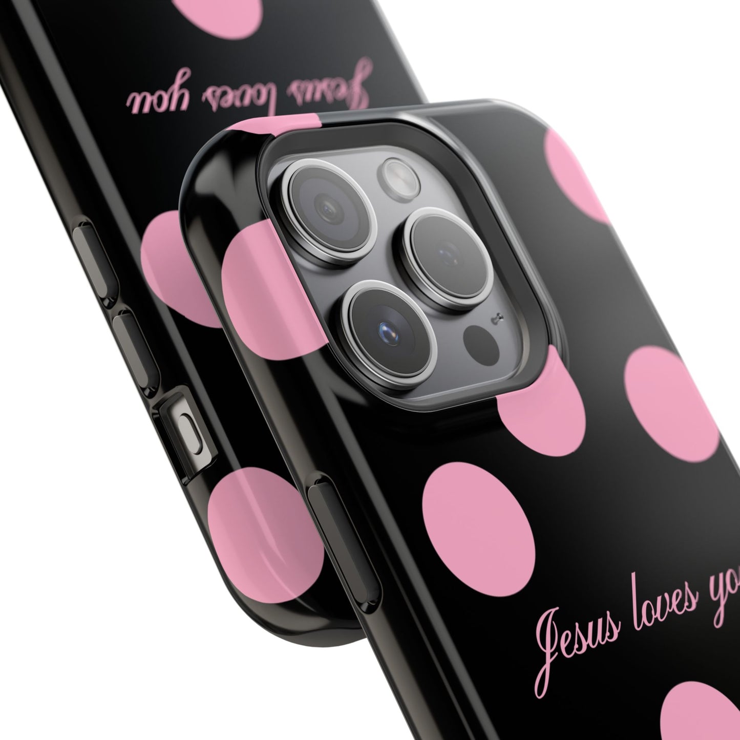 Jesus loves you Pink and Black Polka Dot MagSafe Phone Case
