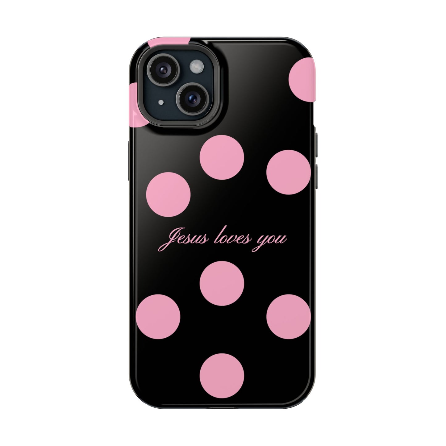 Jesus loves you Pink and Black Polka Dot MagSafe Phone Case