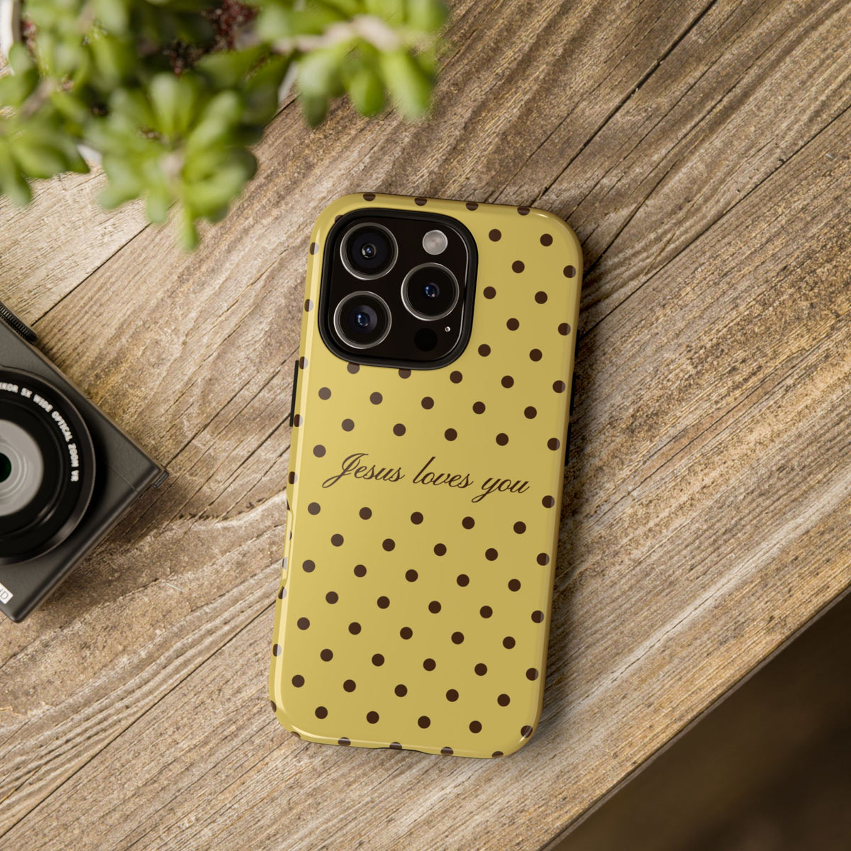 Jesus Loves You Brown & Yellow Polka Dot Phone Case