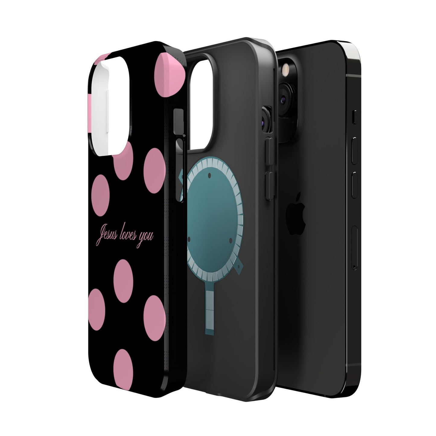 Jesus loves you Pink and Black Polka Dot MagSafe Phone Case