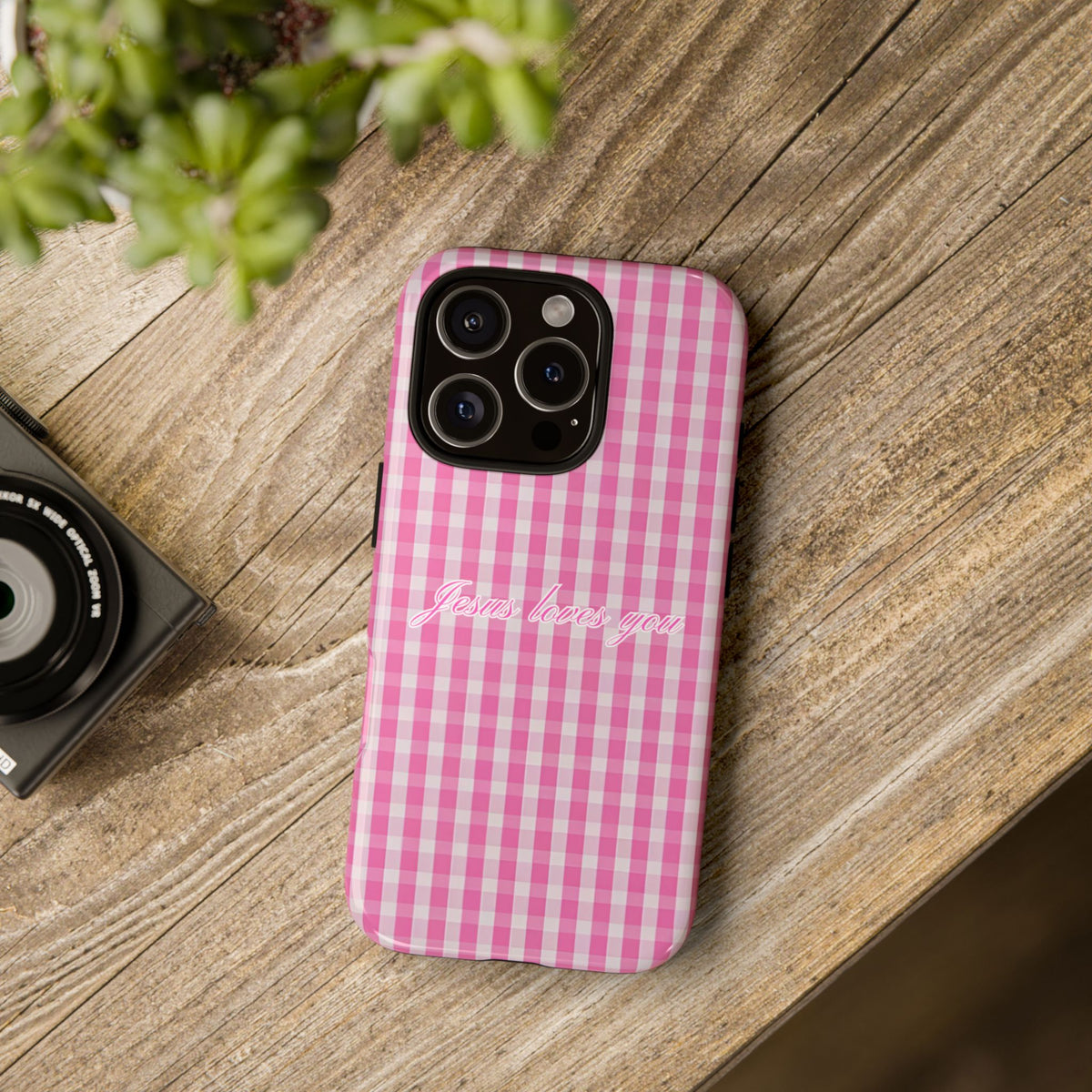 Jesus loves you Pink Gingham Phone Case
