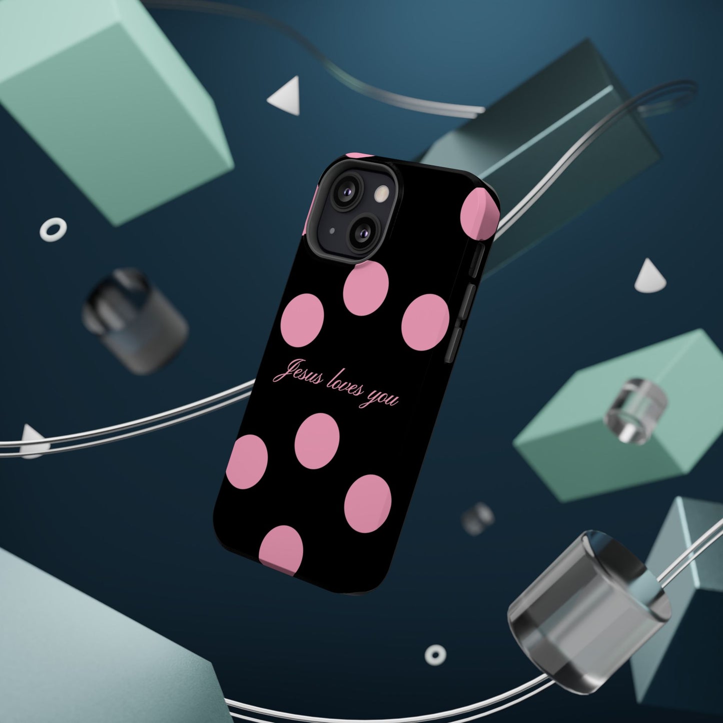 Jesus loves you Pink and Black Polka Dot MagSafe Phone Case