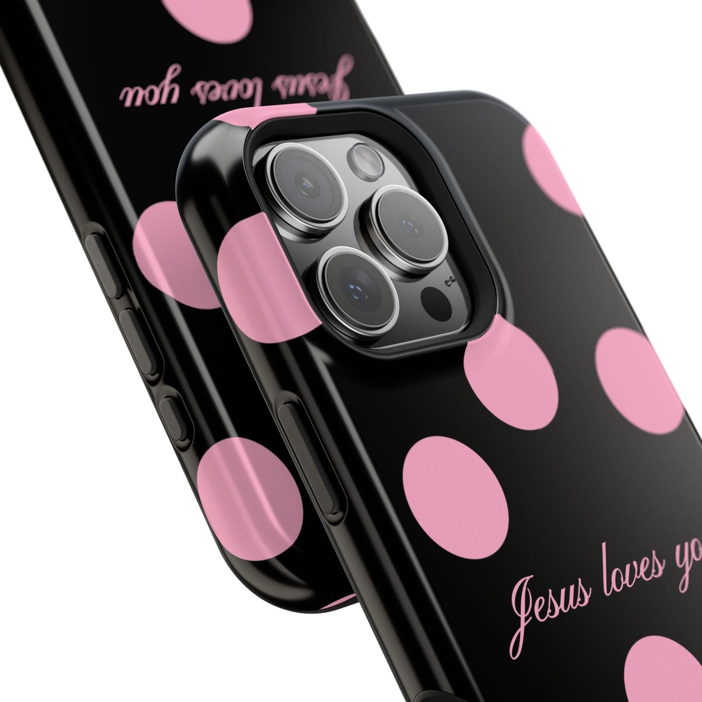 Jesus loves you Pink and Black Polka Dot MagSafe Phone Case